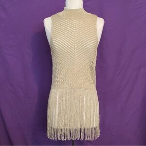 NWT Anthropologie Gold Metallic Sleeveless Fringe Top. Size S.